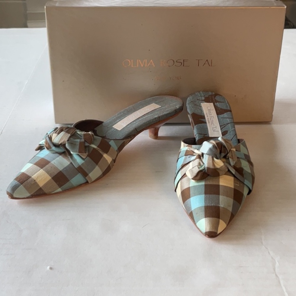 Olivia Rose Tal Cannes Gingham Silk in brown & blue size 8